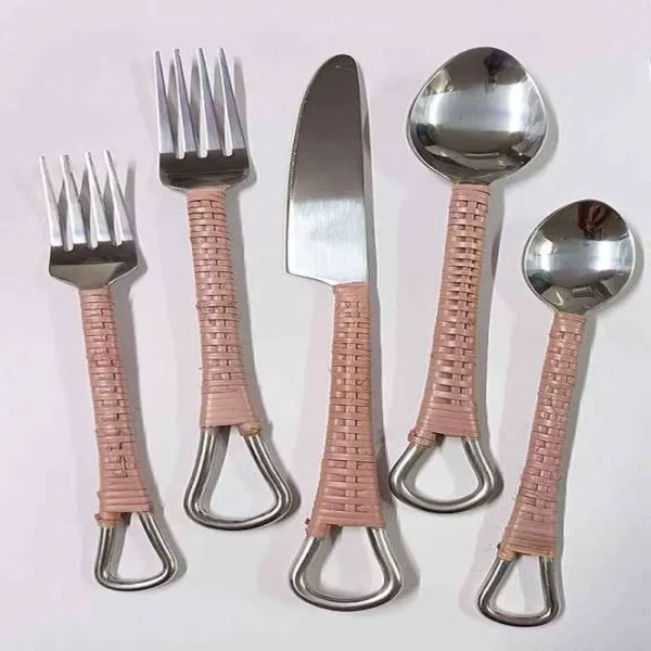 Pink Rattan Weaved Cutlery Set