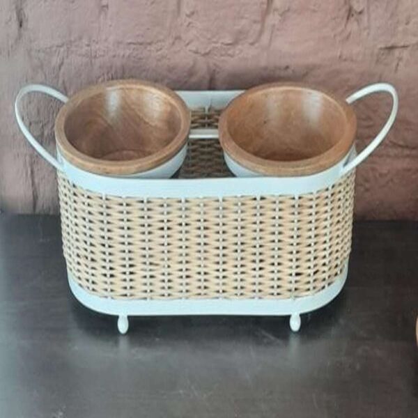 Wooden Bowl Set/2 with Bamboo Work