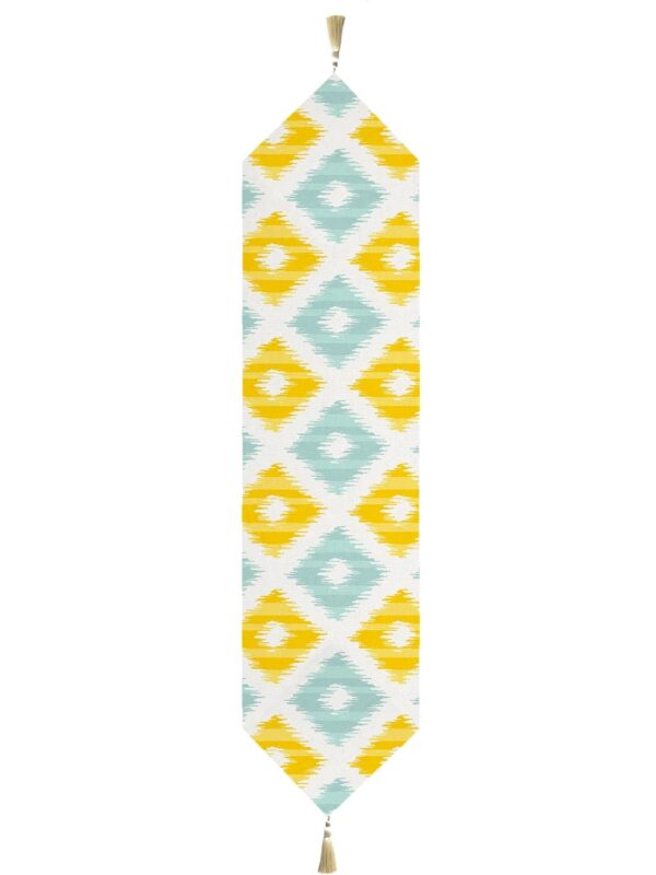 Yellow and Teal Printed Table Runner with Tassel - Image 3